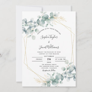 Invitation Mariage Eucalyptus Rustique Géométrique Or Vert