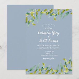 Invitation Mariage Eucalyptus Verdure Aquarelle Bleu Poussiér
