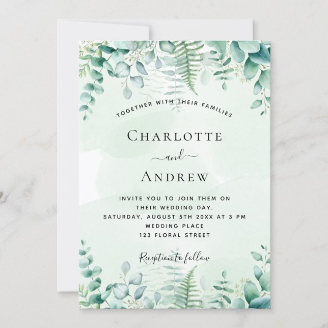 Invitation Mariage eucalyptus verdure fougères bois (Devant)