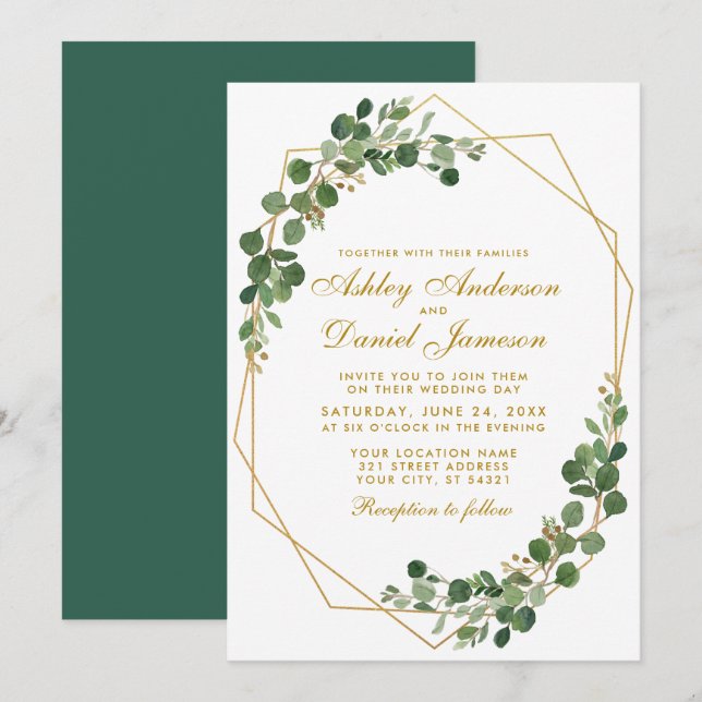 Invitation Mariage Eucalyptus vert géométrique or (Devant / Derrière)