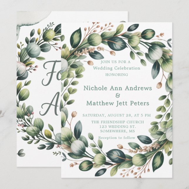 Invitation Mariage Eucalyptus Vert Mint & Sage (Devant / Derrière)