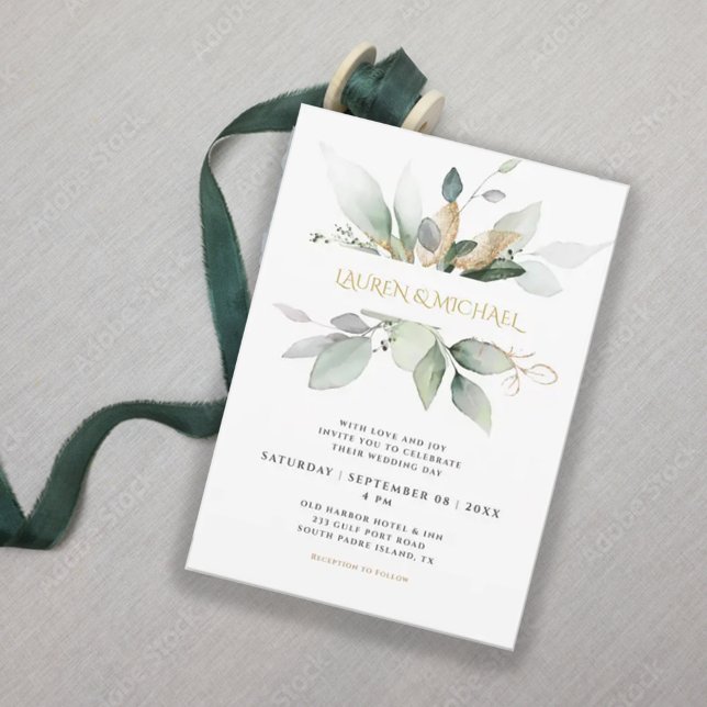 Invitation Mariage Eucalyptus Vert & Or (Créateur téléchargé)
