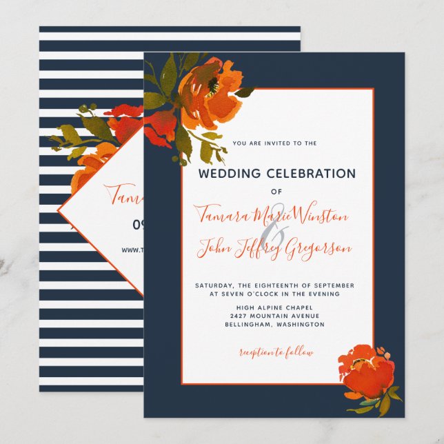 Invitation Mariage/événement Floral de la Marine Orange de Bo (Devant / Derrière)