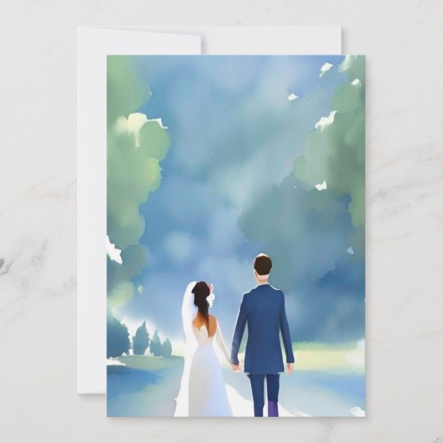 Invitation Mariage extérieur jolie aquarelle mariée et chambr (Devant)