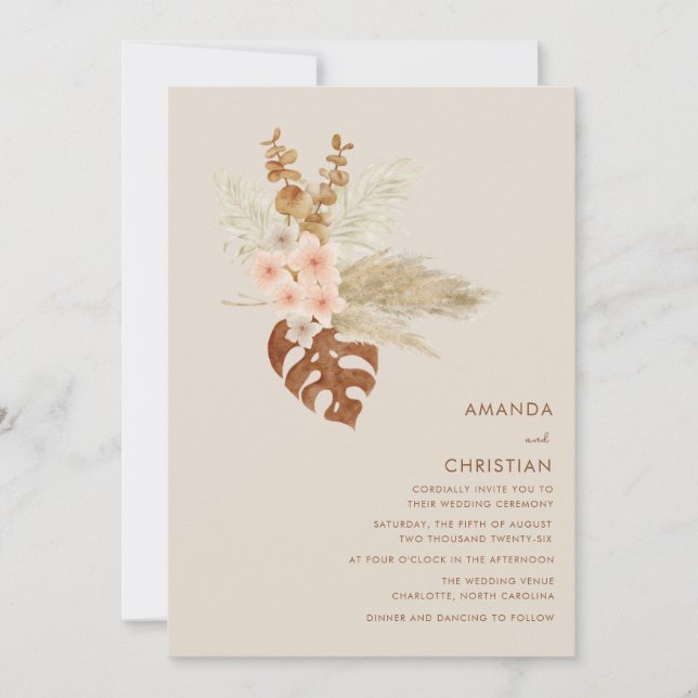 Invitation Mariage extérieur rustique bohème avec fleurs d'au (Devant)
