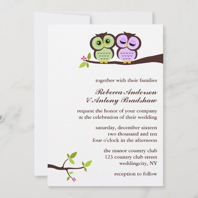 Invitation Mariage fait sur commande de beaux hiboux (Devant)