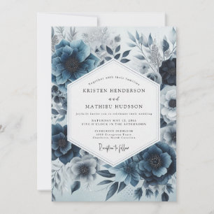 Invitation Mariage Fantaisie Florale Bleu Profond