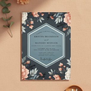 Invitation Mariage Fantaisie Florale Bleu Profond