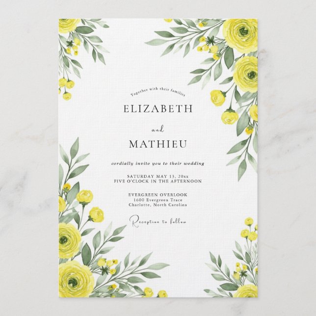Invitation Mariage Fantaisie Florale Jaune (Devant)