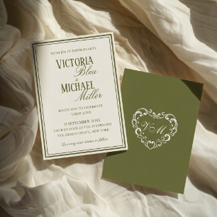 Invitation Mariage Fantaisie Vintage Argent Olive Vert et Ivo