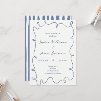 Invitation Mariage fantaisiste à rayures manuscrites bleues