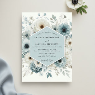 Invitation Mariage Fantaisiste aux Fleurs Bleu Ardoise
