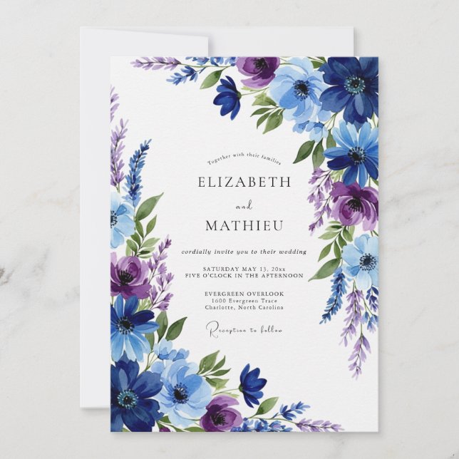 Invitation Mariage Fantaisiste aux Fleurs Bleu Marine (Devant)