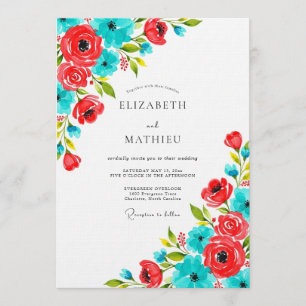 Invitation Mariage Fantaisiste aux Fleurs Corail et Sarcelle