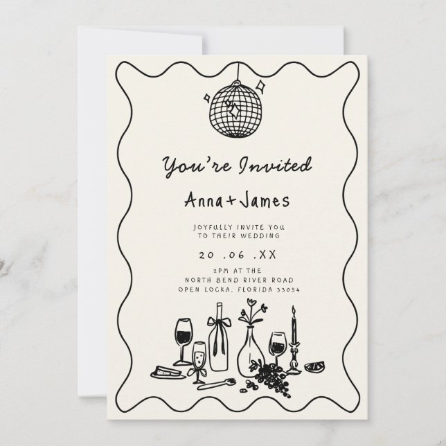 Invitation mariage fantaisiste dessiné à la main tendance fun (Devant)