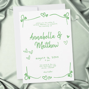 Invitation Mariage fantaisiste vert et blanc à cœur dessiné à