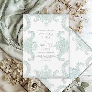 Invitation Mariage Fantaisiste Vintage Dentelle Turquoise