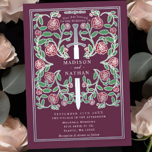 Invitation Mariage Fantasy Médiéval Floral Épée Argent Mauve
