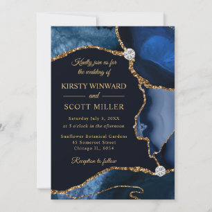 Invitation Mariage Faux Glitter Agate Bleu Marine et Or