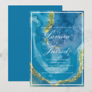 Invitation Mariage Faux Or Aquarelle Main Bleu Agate