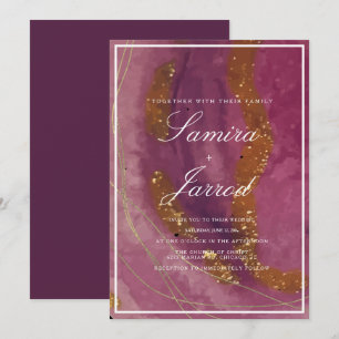 Invitation Mariage Faux Or Aquarelle Moutarde Violet Agate