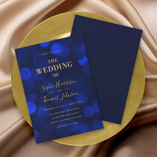 Invitation Mariage Faux Or Lumières Bokeh Bleu Saphir