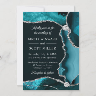 Invitation Mariage Faux Paillettes Agate Sarcelle et Argent