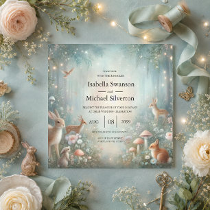 Invitation Mariage féerique de teal et de pêche en forêt ench