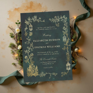 Invitation Mariage féerique en forêt, vert émeraude magique