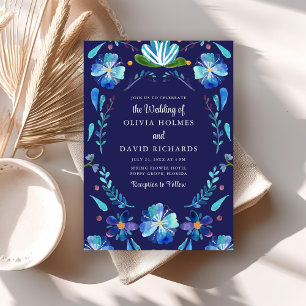 Invitation Mariage Féria Floral Mexicain Bleu Marine