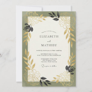 Invitation Mariage Feuillage Charbon de Bois Artisanal Olive