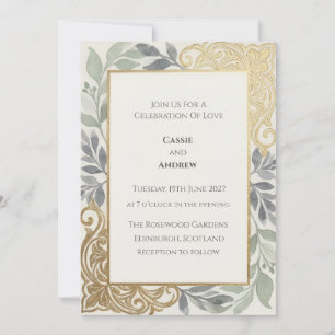 Invitation Mariage Feuillage de Sauge à Filigrane d'Or
