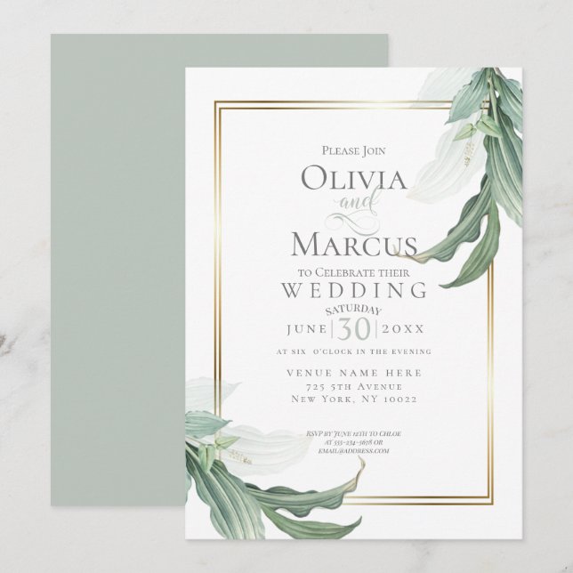Invitation Mariage | Feuillage Tropical Élégant Vert Dusty (Devant / Derrière)