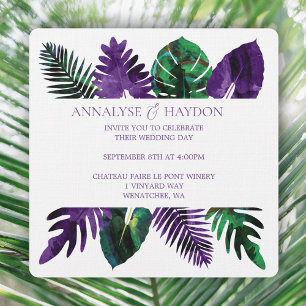 Invitation Mariage Feuille à feuilles tropicales vert, prune 
