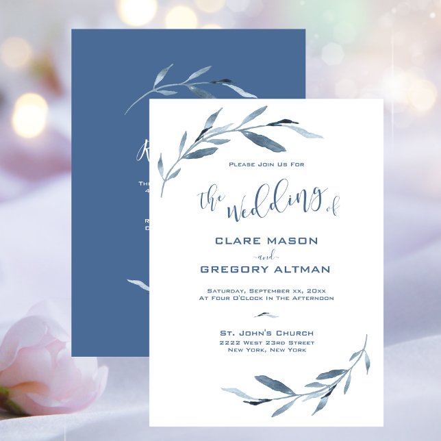 Invitation Mariage Feuille bleu et blanc (Blue and White Watercolor Leaves Wedding Invitation)