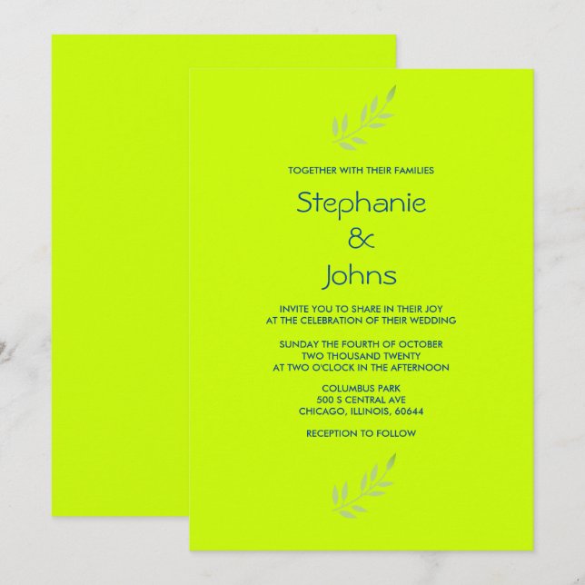 Invitation Mariage Feuille brillant vert néon jaune (Devant / Derrière)