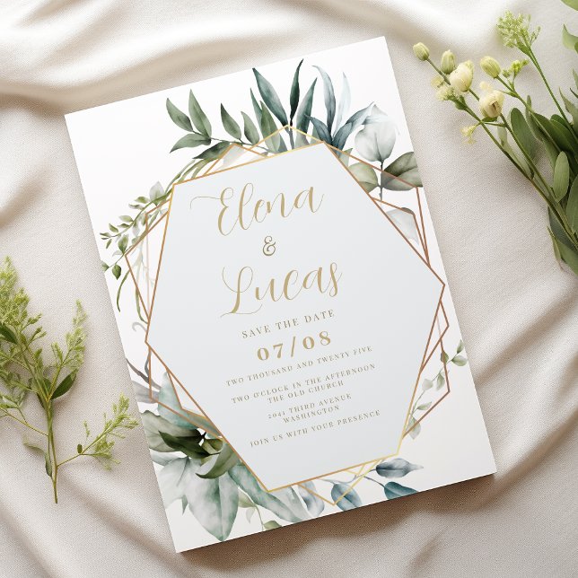 Invitation Mariage feuille d'aquarelle géométrique (Geometric watercolor mint gold leaves wedding)