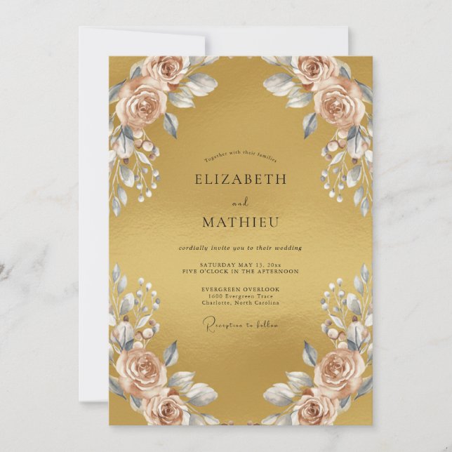 Invitation Mariage feuille de champagne dorée (Devant)