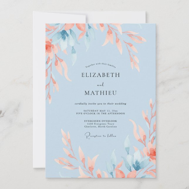 Invitation Mariage Feuille de Corail Céleste (Devant)