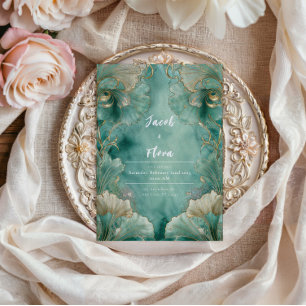 Invitation Mariage feuille de Ginkgo Seafoam Or Art Nouveau
