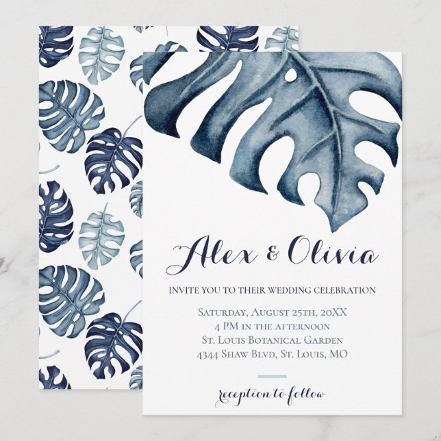 Invitation Mariage Feuille de Monstera d'aquarelle bleu (Devant / Derrière)