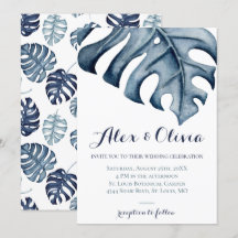 Mariage Feuille de Monstera d'aquarelle bleu