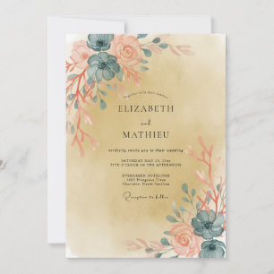 Invitation Mariage Feuille de Pêche Poussiéreuse en Acier