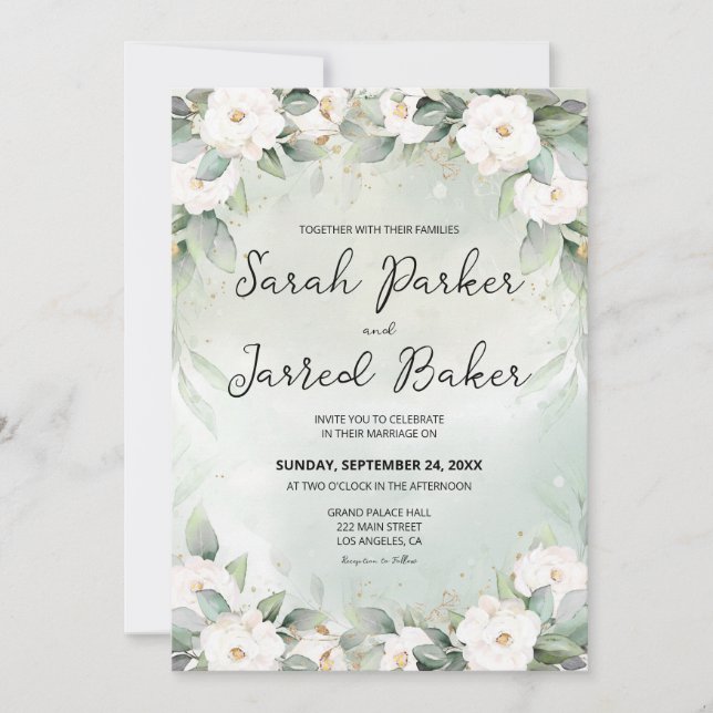 Invitation Mariage Feuille des Roses blanches (Devant)