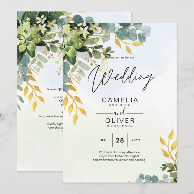 Invitation Mariage Feuille d'Eucalyptus or tout-en-1 (Devant / Derrière)
