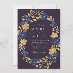 Invitation Mariage feuille d'or aubergine
