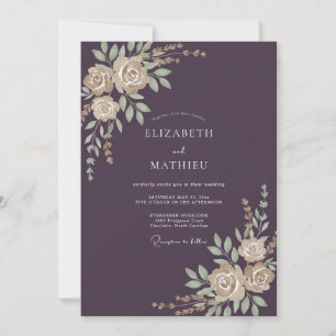 Invitation Mariage feuille d'or aubergine