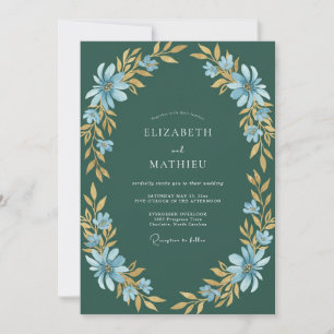 Invitation Mariage feuille d'or Champagne sarcelle