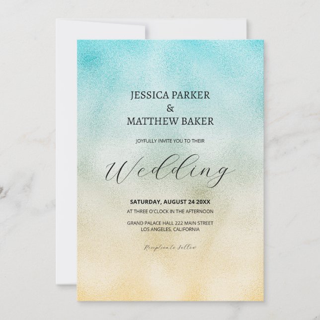 Invitation Mariage feuille d'or et aquarelle aqua (Devant)