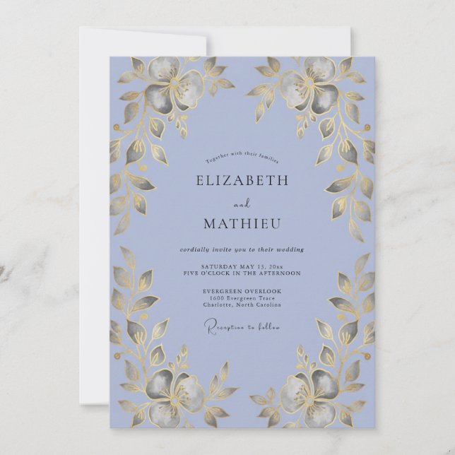 Invitation Mariage feuille d'or et pervenche (Devant)